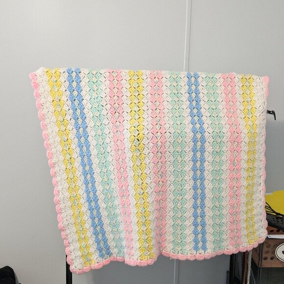HOMEMADE Baby Afghan Blanket; Pink, Blue, Yellow, White, Green; Size 43 x 43 - Picture 1 of 3